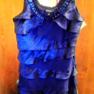 Blue ruffle sheath dress with jeweled neckline size 16